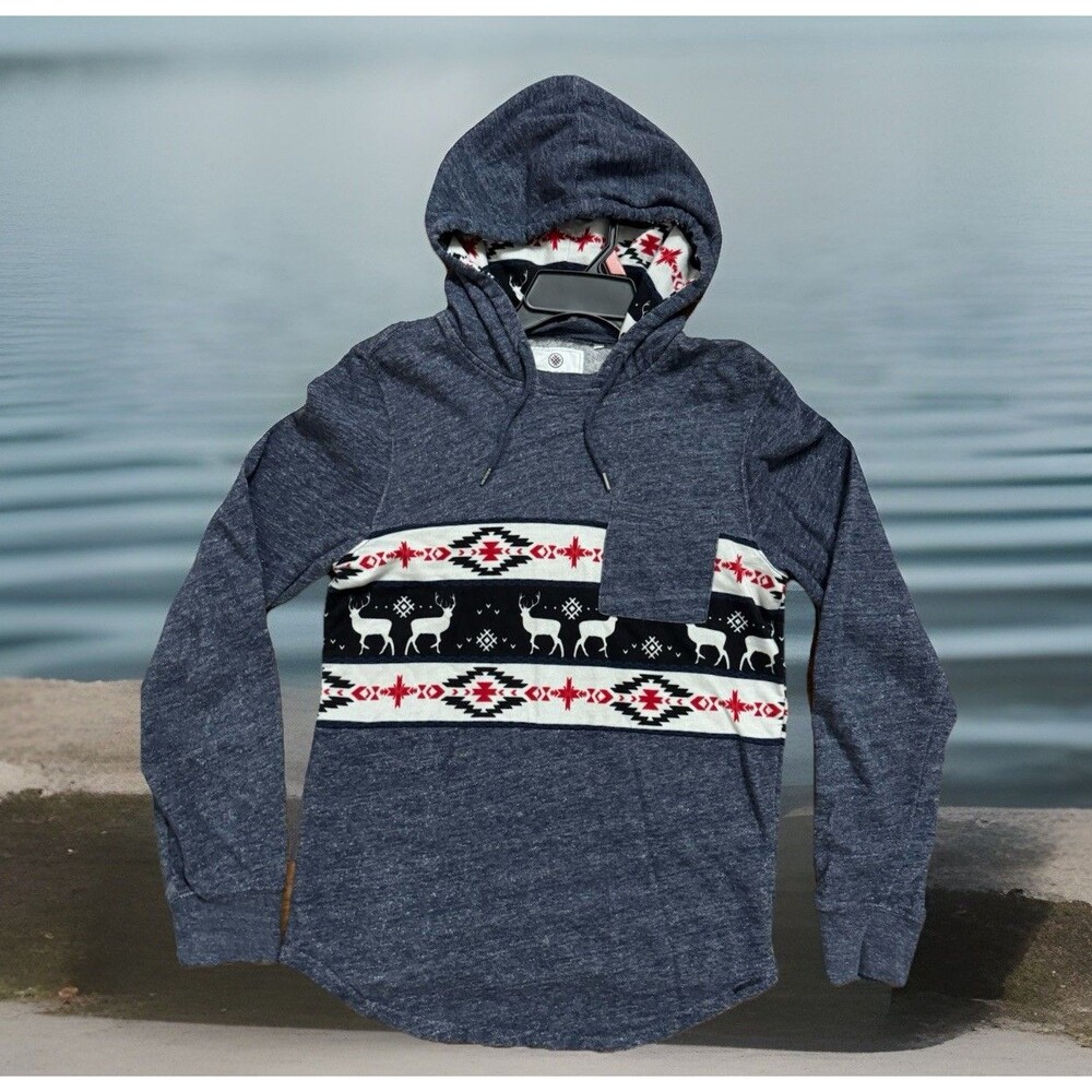 On The Byas Pullover Hoodie‎ Blue Red White Deer 100% Cotton Womens Size S